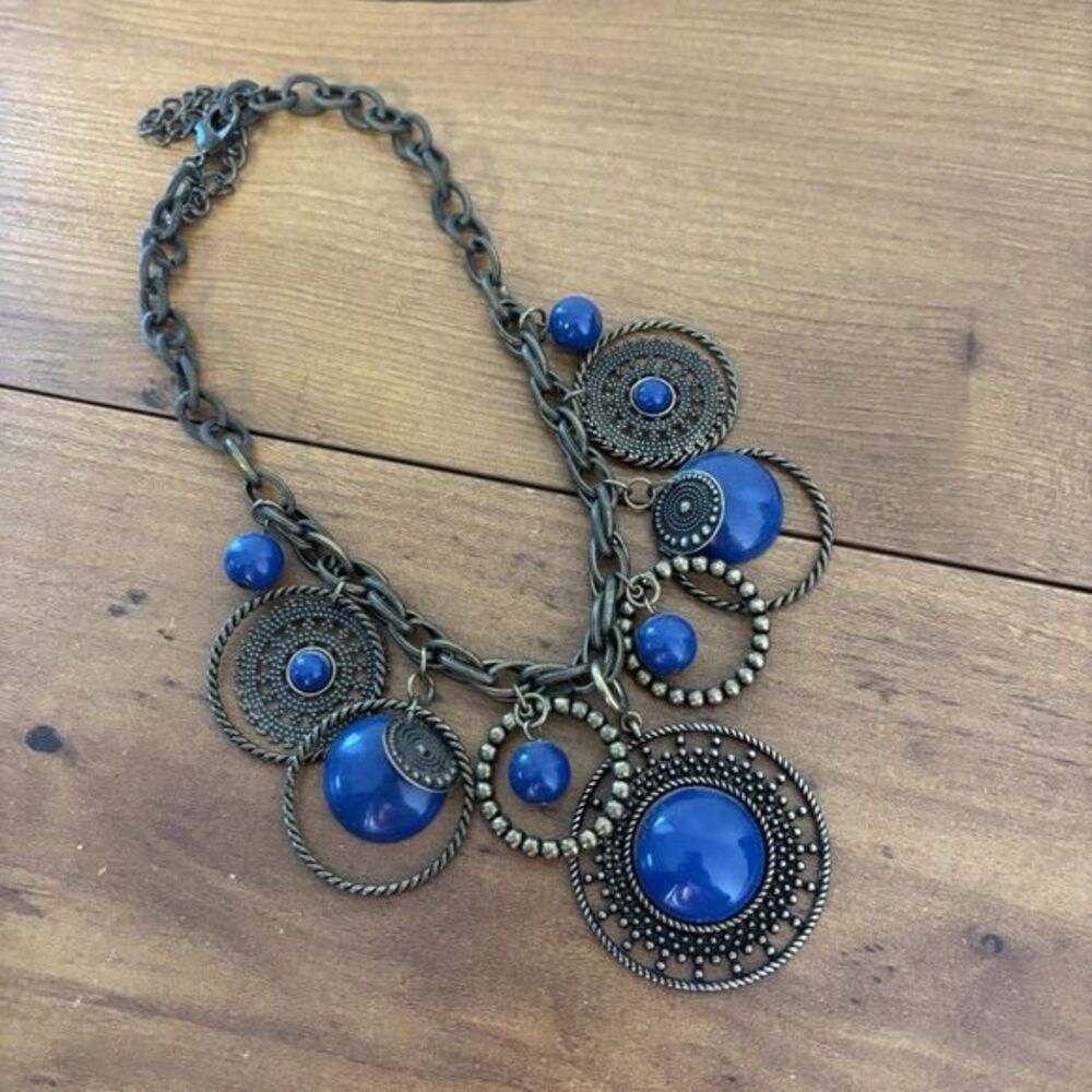 Vintage Premier Designs Cluster Dangle Necklace Cobalt Blue Lucite Cabochon